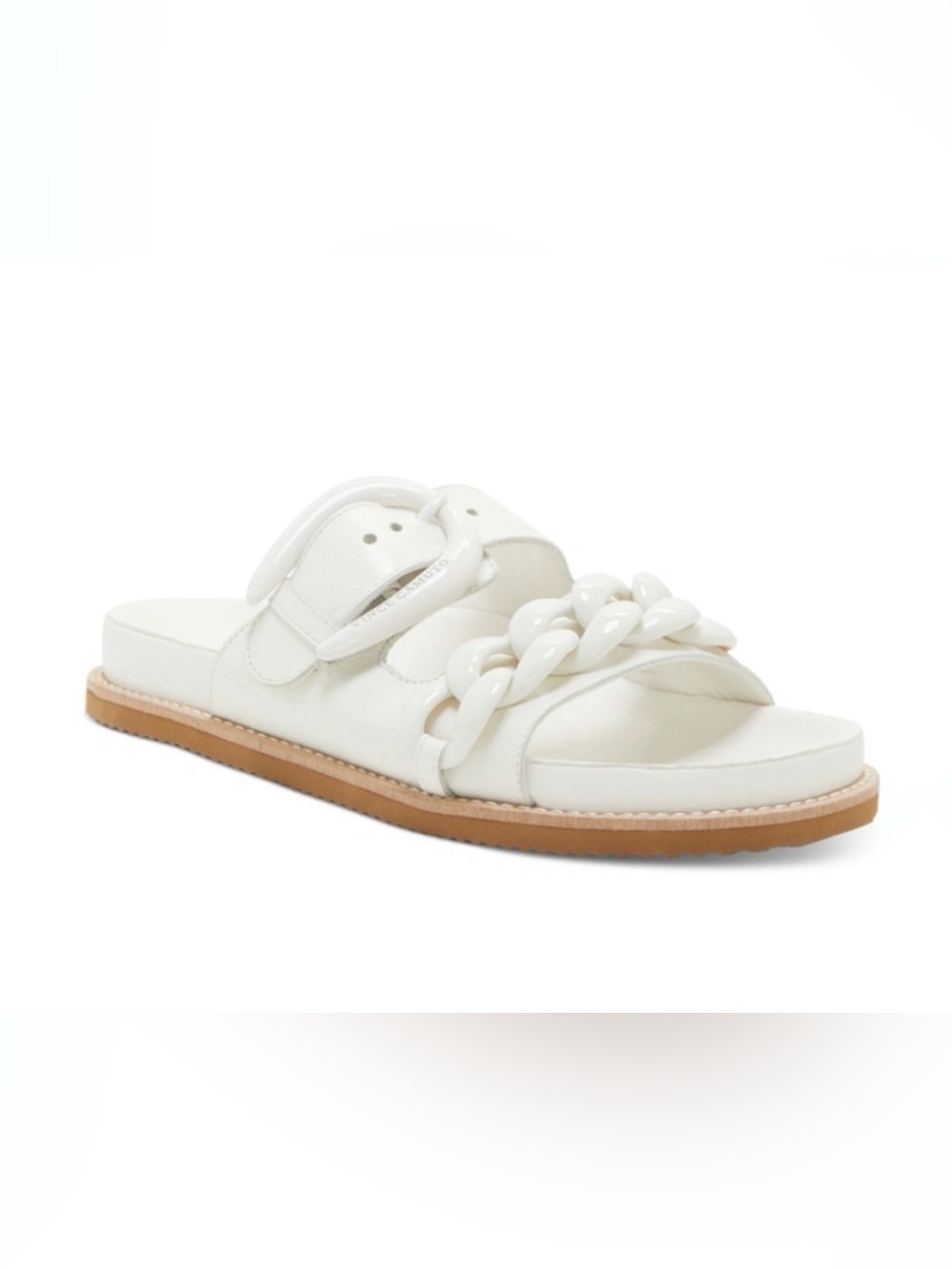 Vince Camuto White Slide Sandal with Chunky Chain and Tan Sole